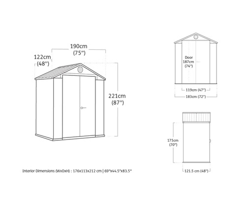 Maattekening van een tuinhuis met breedte-, diepte- en hoogteafmetingen