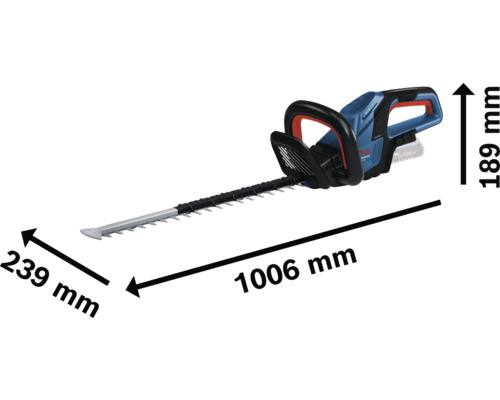 Bosch accuheggenschaar met afmetingen: 1006 mm lengte, 239 mm breedte, 189 mm hoogte
