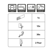 Illustratie van gordijnrailcomponenten inclusief rail, hangers en haken met hoeveelheidsinformatie
