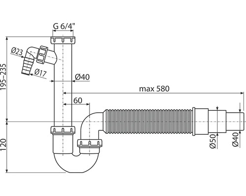 Technische tekening van een sifon met afmetingen