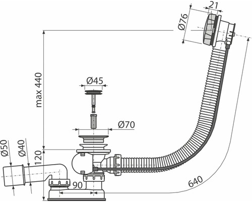 Technische tekening van een sifon met maatvoering