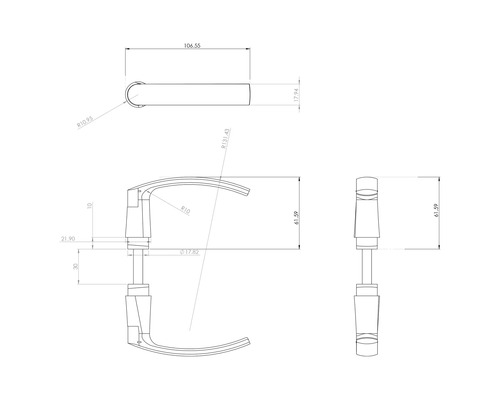 Technische tekening van een deurklink met afmetingen