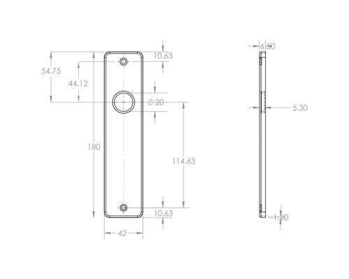 Technische tekening van een deurschild met maatvoering