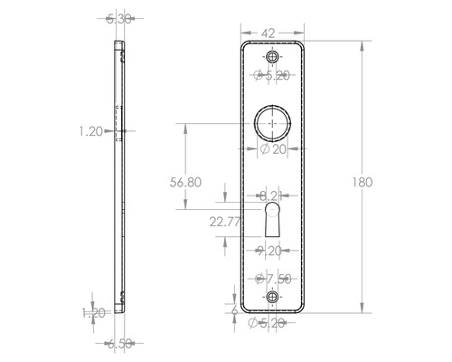 Technische tekening van een deurbeslag met afmetingen