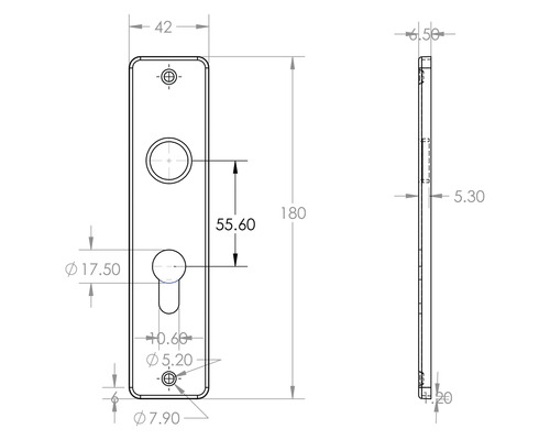 Technische tekening van een deurschildafmeting met nauwkeurige afmetingen.