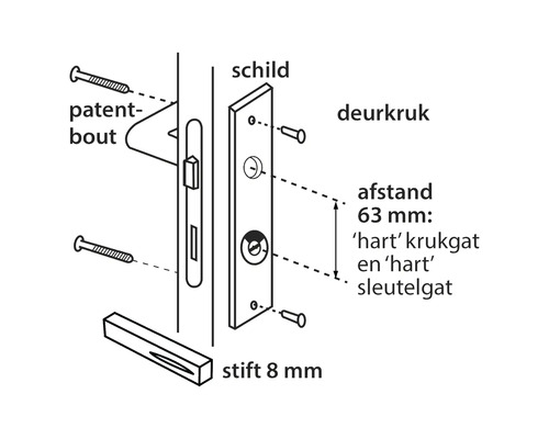 Illustratie van een deurbeslag met handgreep, schild, schroeven en stift met een dikte van 8 millimeter en een hartafstand van 63 millimeter.