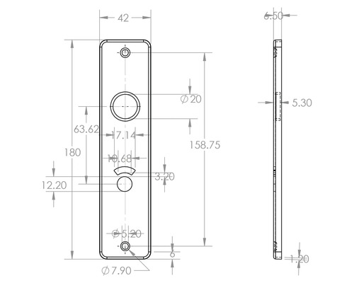 Technische tekening van een deurbeslag met afmetingen