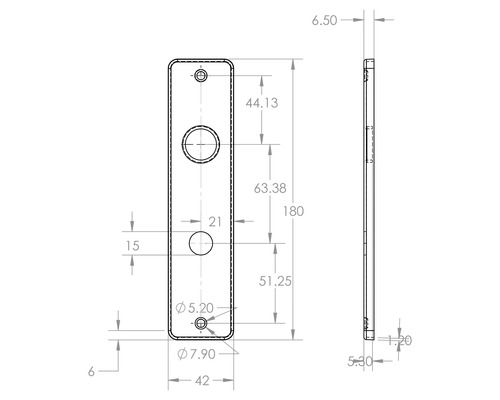 Technische tekening van een deurklinkrozet met afmetingen