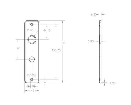 Technische tekening van een deurbeslag met maatvoering
