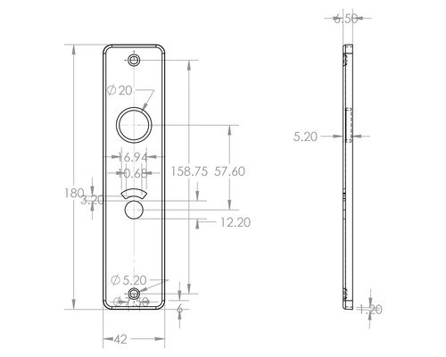 Technische tekening van een deurschild met afmetingen