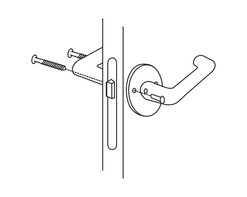 Illustratie van een deurklink met beslag en schroeven voor montage.