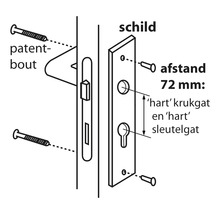 Illustratie van een deurbeslag met afmetingen van 72 mm.