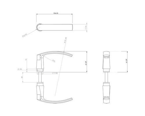 Technische tekening van een deurkruk met afmetingen.