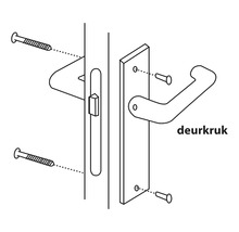 Tekening van een deurklink met bevestigingsmateriaal