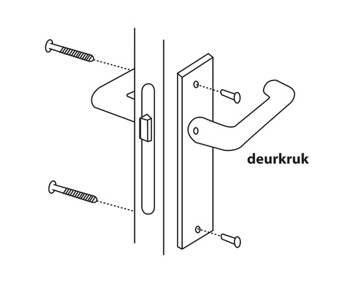 Tekening van een deurklink met bevestigingsmateriaal