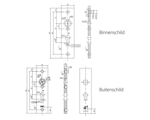 Technische tekening van binnen- en buitenschild met maatvoering