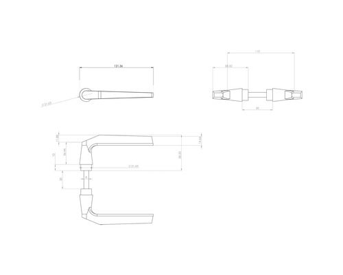 Technische tekening van een deurkruk met afmetingen