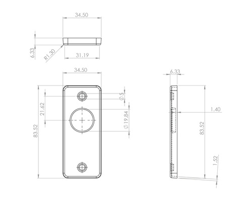 Technische tekening van een beslag met afmetingen