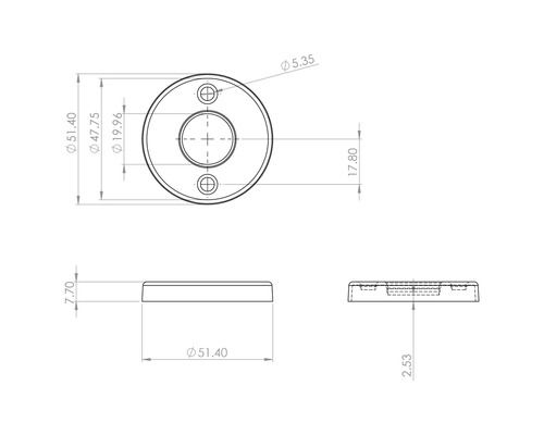 Technische tekening van een ronde rozetaccessoire met maataanduidingen.