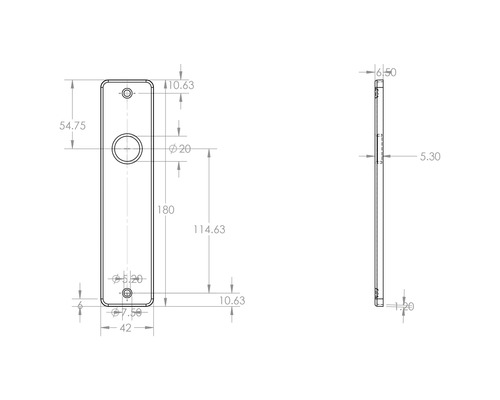 Technische tekening van een deurbelplaat met afmetingen
