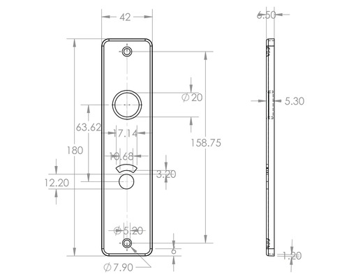 Technische tekening van een deurbeslag met maatvoering