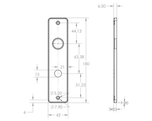 Technische tekening van een sleutelrozet met maataanduidingen