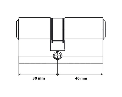 Schets van een profielcilinder met afmetingen 30 mm en 40 mm