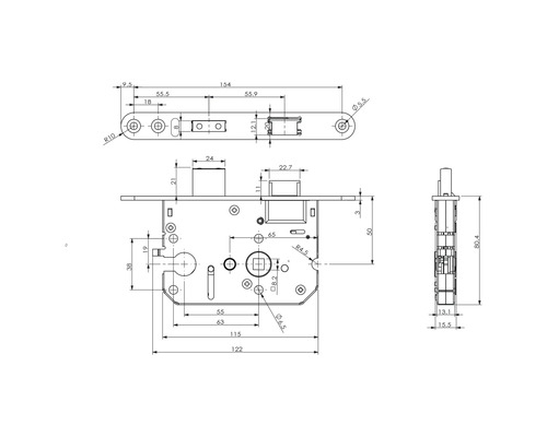Technische tekening van een insteekslot met maatvoering.