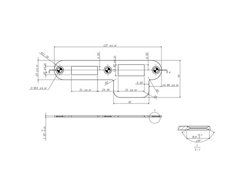 Technische tekening van een platte metalen beugel met afmetingen