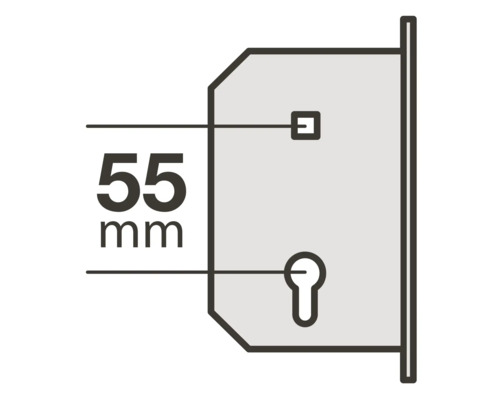 Schets van een deurslot met een aanduiding van de afstand van 55 mm