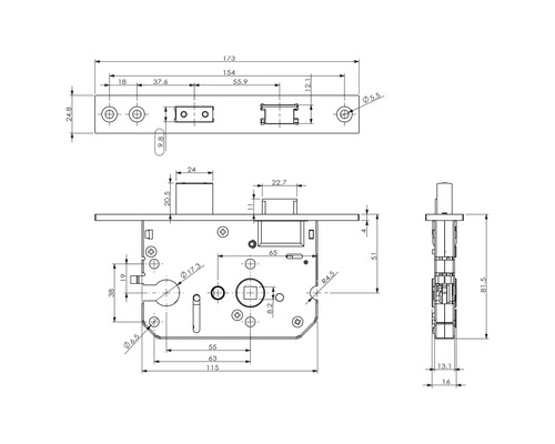 Technische tekening van een insteekslot met afmetingen