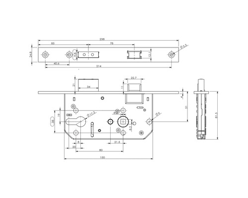 Technische tekening van een insteekslot met afmetingen