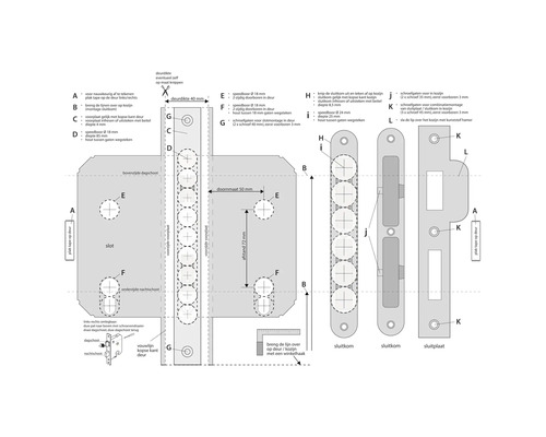Technische tekening van een slot met bijbehorende componenten en maatgegevens