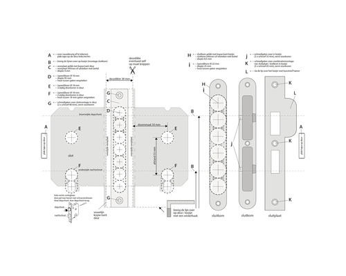 Technische tekening voor een deurslot met bijbehorende onderdelen.