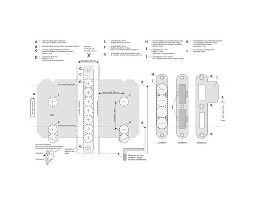 Technische tekening van een deurslot met afmetingen en montage-instructies