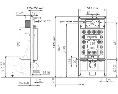 Technische tekening van een inbouwreservoir voor toiletten met afmetingen