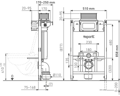 Technische tekening inbouwreservoir met afmetingen