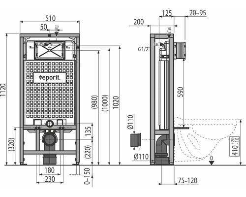 Technische tekening van een inbouwreservoir met afmetingen