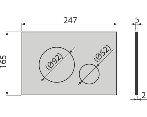 Technische tekening van een plaat met twee uitsparingen en maatvoering