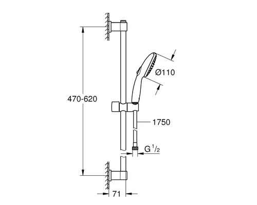 Technische tekening van een douchestang met handdouche en maatvoering
