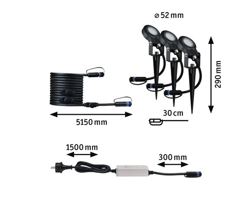 Afmetingen van een set tuinspots met toevoerleiding, drie spots, verbindingskabel en stekkernetvoeding