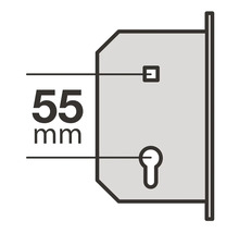 Schema van een deurslot met een afmeting van 55 millimeter