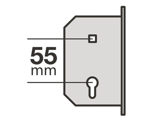 Schema van een deurslot met een afmeting van 55 millimeter