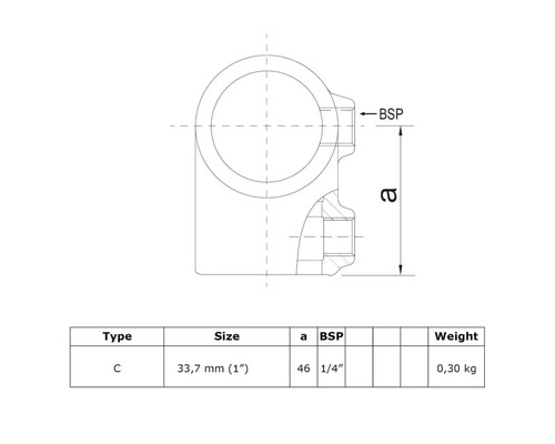 Technische tekening van een buisverbinder type C met maataanduidingen en gewichtsinformatie