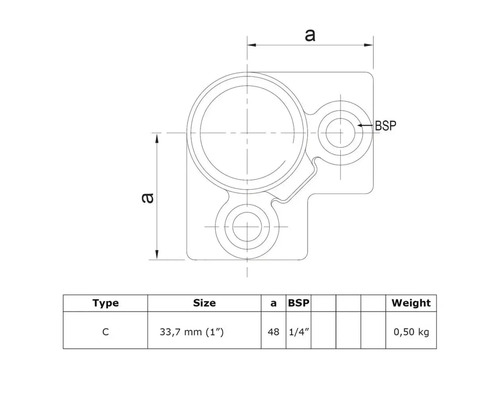 Technische tekening van een verbindingsstuk type C met maataanduidingen