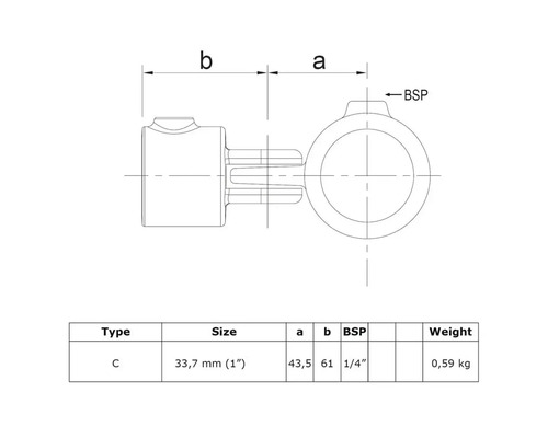 Technische tekening van een fitting met afmetingen en gewichtsinformatie
