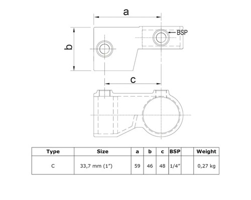 Technische tekening buiskoppeling type C, 33,7 mm (1 inch) met maatvoering