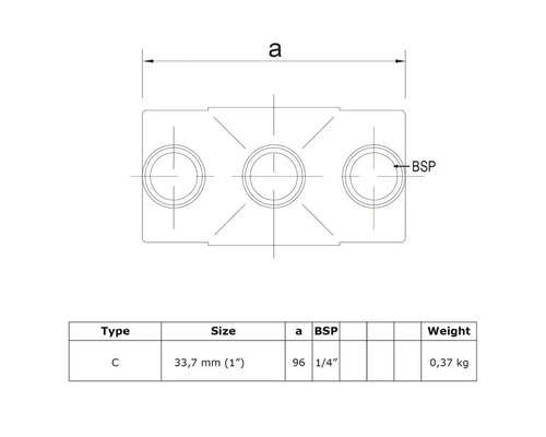 Technische tekening van een fitting met afmetingen en gewichtsinformatie