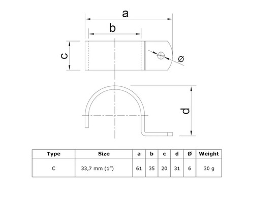 Technische tekening van een buisbeugel type C met maatvoering