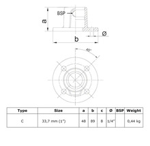 Technische tekening van type C, grootte 33,7 mm, 1/4 inch BSP, gewicht 0,44 kg